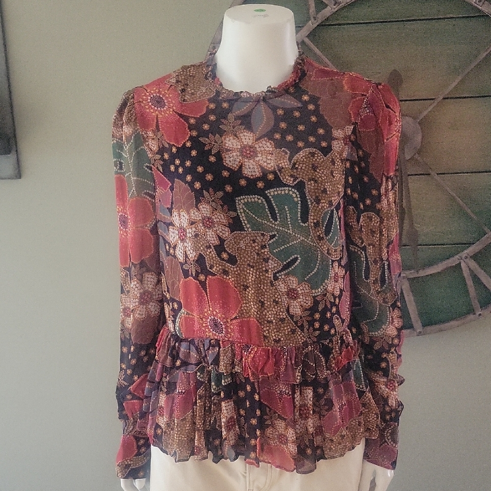 Farm Rio Flowered Leopards ruffled Peplum Blouse
